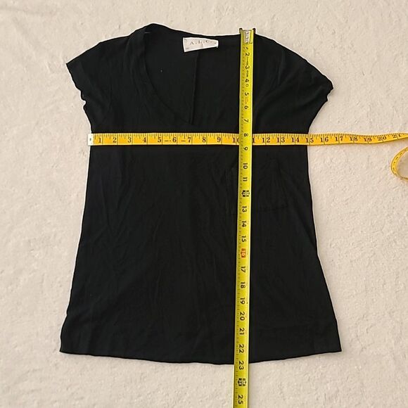 A.L.C. Wool Blend Black Short Sleeve Tee Top Small Pocket Raw Hem Lightweight - Picture 7 of 8